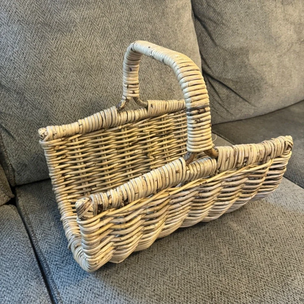 Vintage Rustic Wicker Fireplace Log or Blanket Basket w/ handle –15